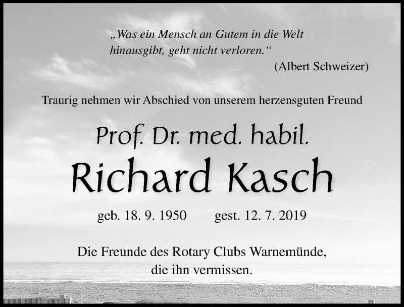  Traueranzeige für Richard Kasch vom 20.07.2019 aus Ostsee-Zeitung GmbH