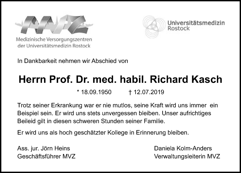  Traueranzeige für Richard Kasch vom 27.07.2019 aus Ostsee-Zeitung GmbH