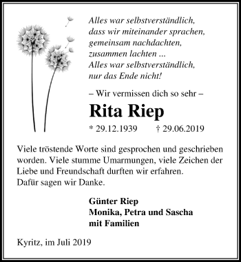 Traueranzeige von Rita Riep von Märkischen Allgemeine Zeitung
