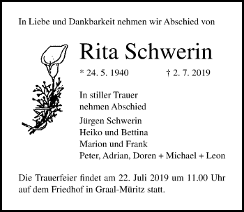 Traueranzeige von Rita Schwerin von Ostsee-Zeitung GmbH