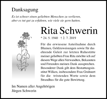 Traueranzeige von Rita Schwerin von Ostsee-Zeitung GmbH