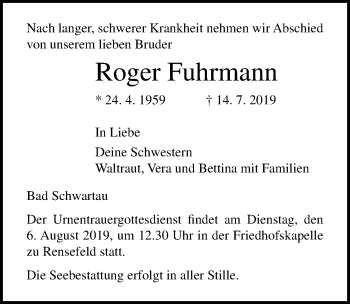 Traueranzeige von Roger Fuhrmann von Lübecker Nachrichten