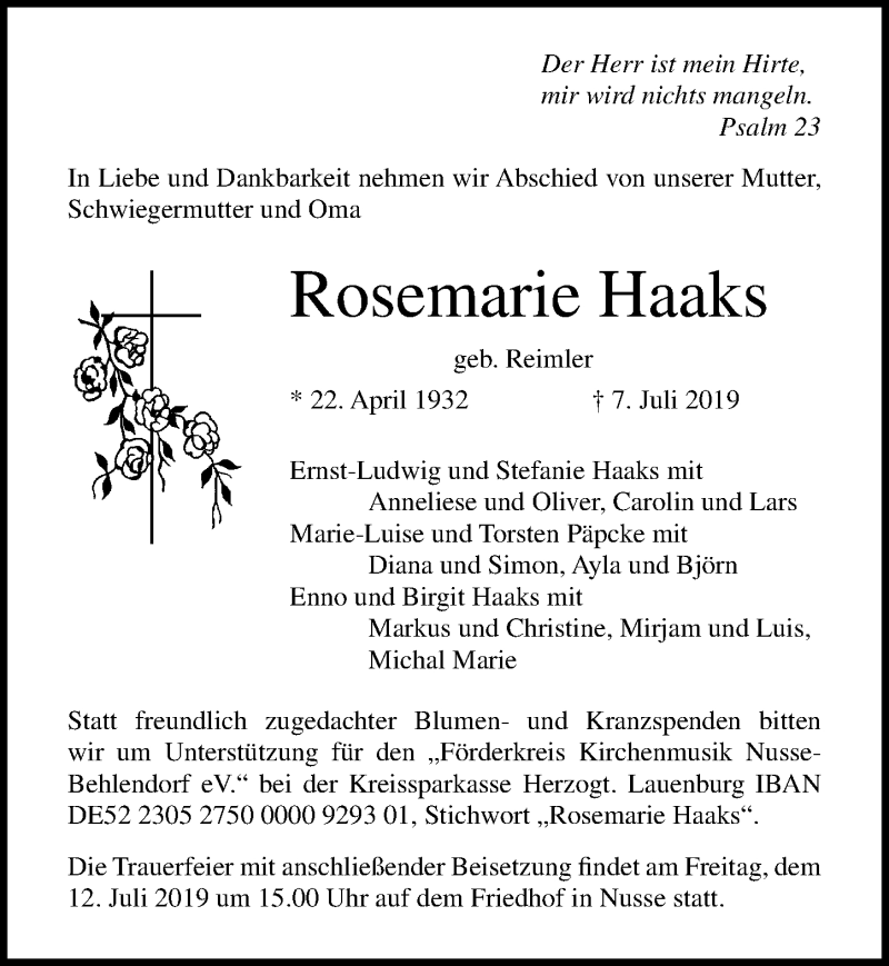  Traueranzeige für Rosemarie Haaks vom 10.07.2019 aus Lübecker Nachrichten