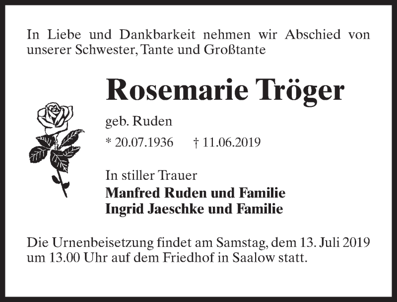  Traueranzeige für Rosemarie Tröger vom 02.07.2019 aus Märkischen Allgemeine Zeitung