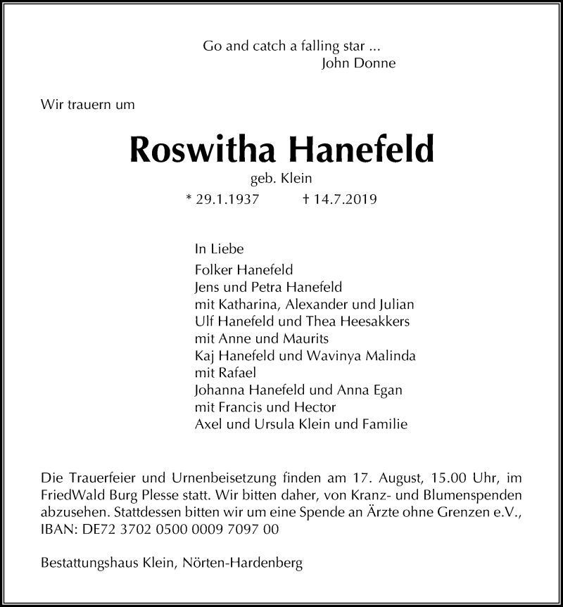  Traueranzeige für Roswitha Hanefeld vom 20.07.2019 aus Göttinger Tageblatt