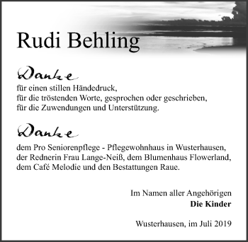 Traueranzeige von Rudi Behling von Märkischen Allgemeine Zeitung