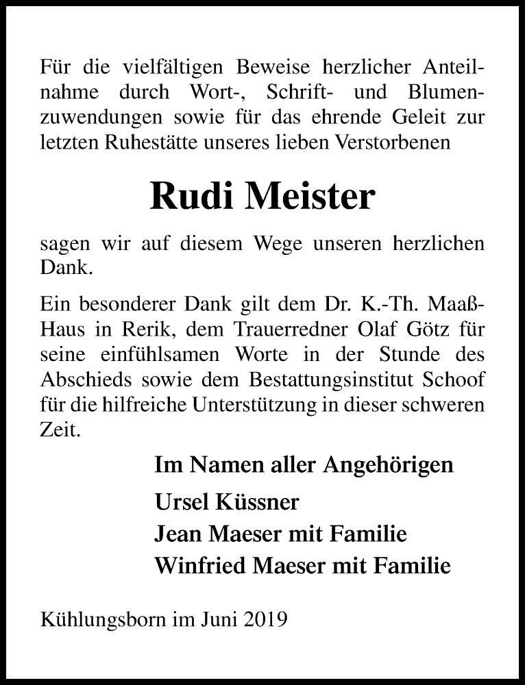 Traueranzeige für Rudi Meister vom 29.06.2019 aus Ostsee-Zeitung GmbH