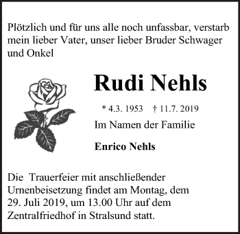 Traueranzeige von Rudi Nehls von Ostsee-Zeitung GmbH