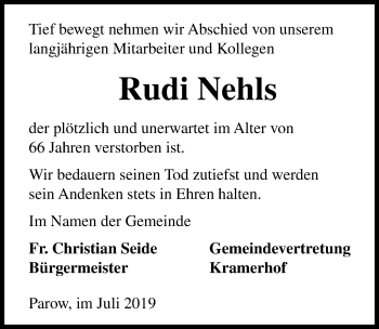 Traueranzeige von Rudi Nehls von Ostsee-Zeitung GmbH