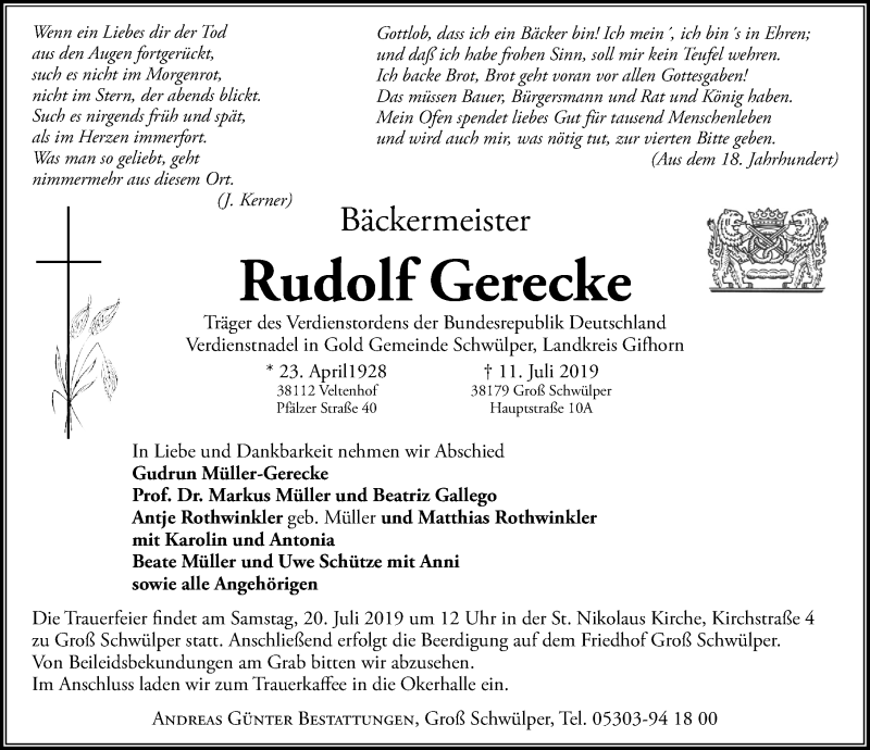  Traueranzeige für Rudolf Gerecke vom 13.07.2019 aus Aller Zeitung