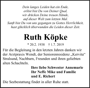 Traueranzeige von Ruth Köpke von Ostsee-Zeitung GmbH