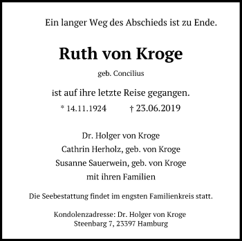 Traueranzeige von Ruth von Kroge von Kieler Nachrichten