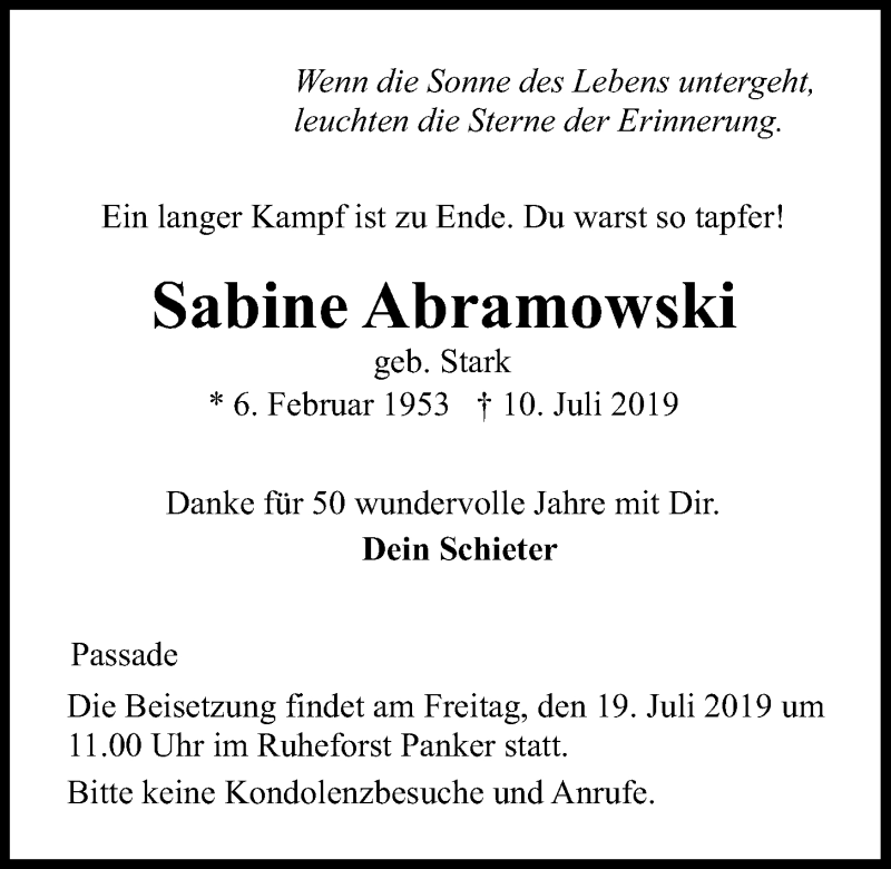  Traueranzeige für Sabine Abramowski vom 17.07.2019 aus Kieler Nachrichten