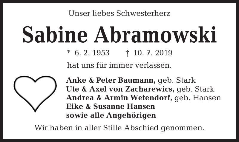  Traueranzeige für Sabine Abramowski vom 20.07.2019 aus Kieler Nachrichten