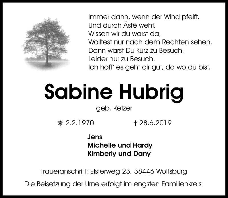  Traueranzeige für Sabine Hubrig vom 03.07.2019 aus Aller Zeitung