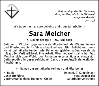 Traueranzeige von Sara Melcher von Hannoversche Allgemeine Zeitung/Neue Presse