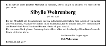 Traueranzeige von Sibylle Wehrenberg von Lübecker Nachrichten