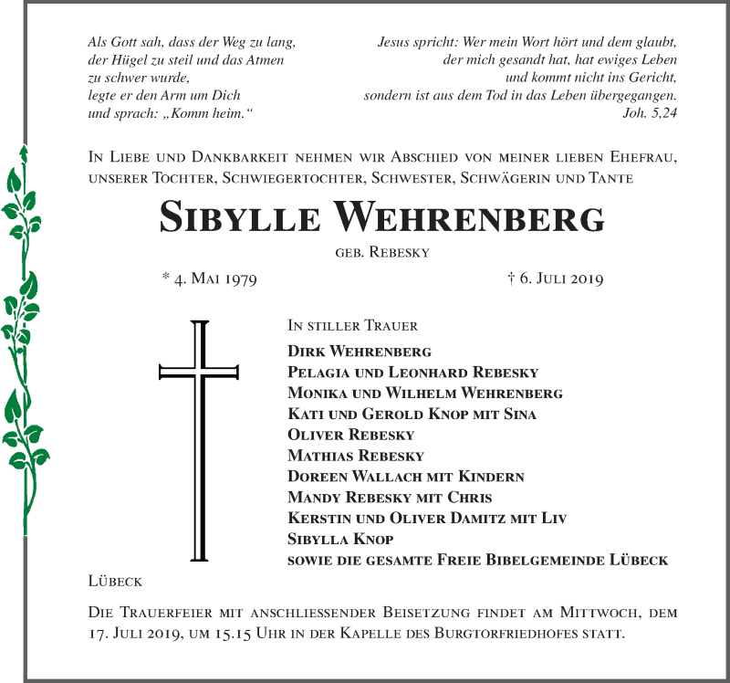  Traueranzeige für Sibylle Wehrenberg vom 14.07.2019 aus Lübecker Nachrichten
