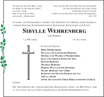 Traueranzeige von Sibylle Wehrenberg von Lübecker Nachrichten