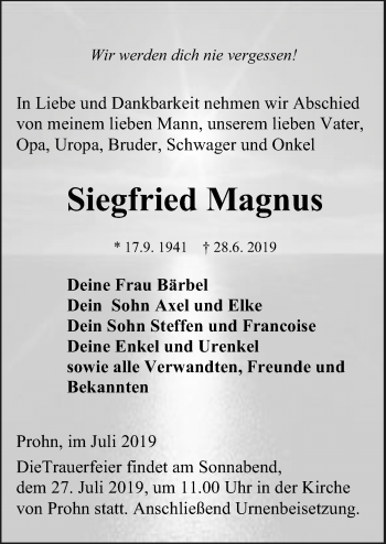 Traueranzeige von Siegfried Magnus von Ostsee-Zeitung GmbH