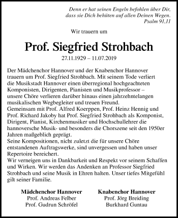 Traueranzeige von Siegfried Strohbach von Hannoversche Allgemeine Zeitung/Neue Presse