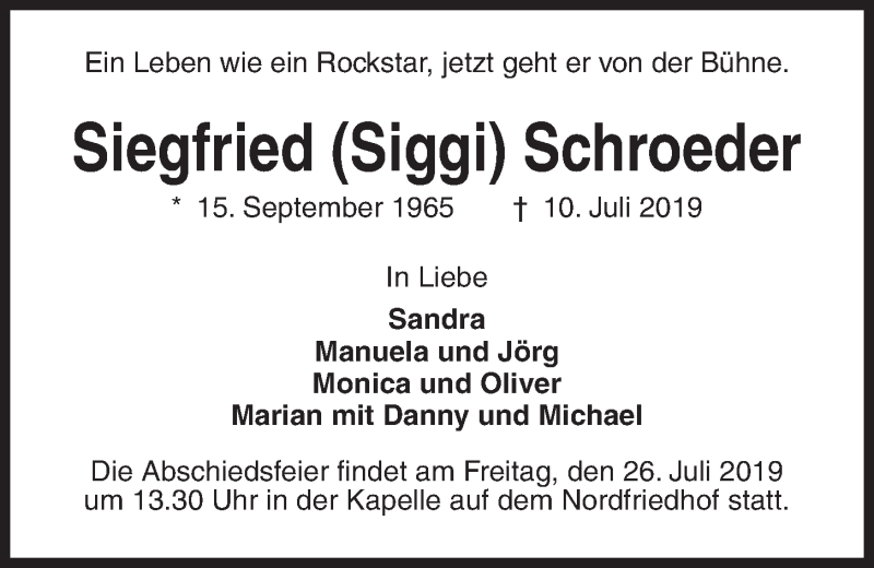  Traueranzeige für Siegfried Siggi Schroeder vom 13.07.2019 aus Kieler Nachrichten