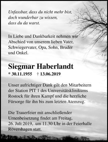 Traueranzeige von Siegmar Haberlandt von Ostsee-Zeitung GmbH
