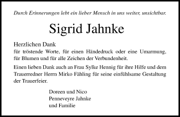 Traueranzeige von Sigrid Jahnke von Ostsee-Zeitung GmbH