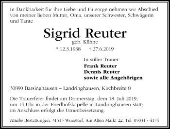 Traueranzeige von Sigrid Reuter von Hannoversche Allgemeine Zeitung/Neue Presse