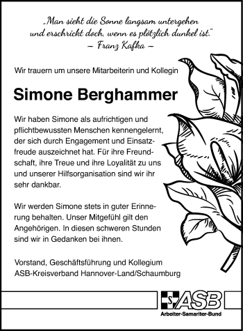 Traueranzeige von Simone Berghammer von Hannoversche Allgemeine Zeitung/Neue Presse