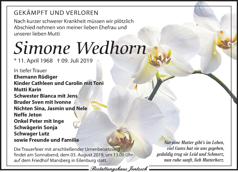  Traueranzeige für Simone Wedhorn vom 20.07.2019 aus Leipziger Volkszeitung
