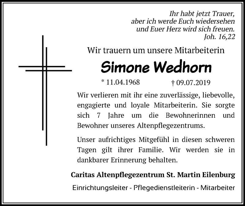  Traueranzeige für Simone Wedhorn vom 13.07.2019 aus Leipziger Volkszeitung