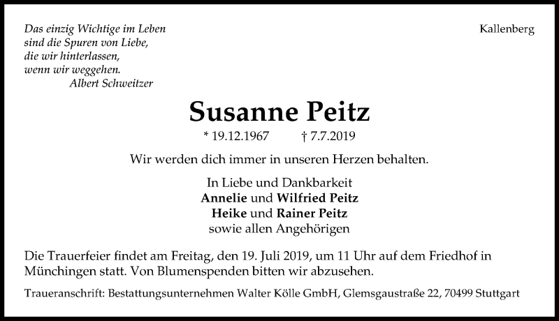  Traueranzeige für Susanne Peitz vom 13.07.2019 aus Aller Zeitung