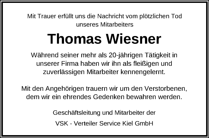  Traueranzeige für Thomas Wiesner vom 29.06.2019 aus Kieler Nachrichten