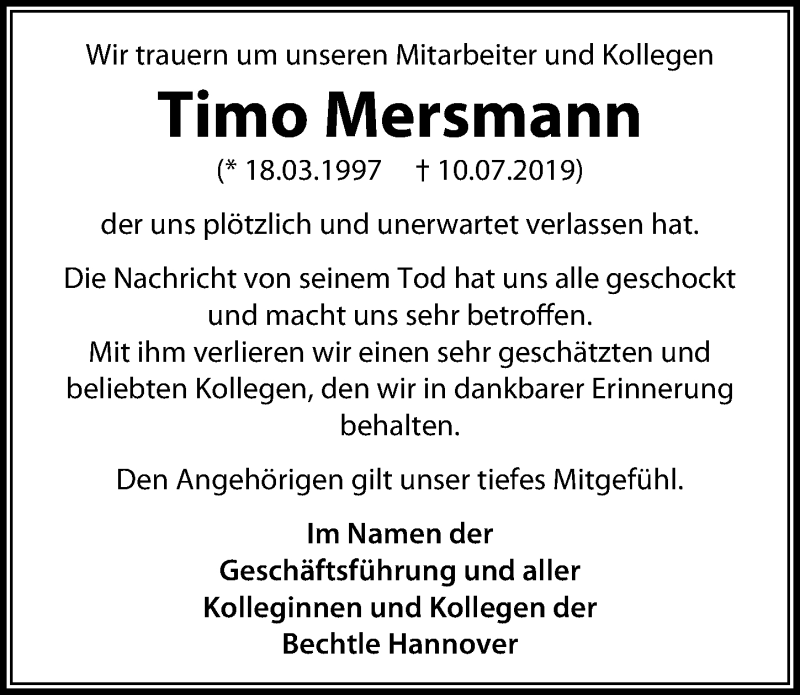  Traueranzeige für Timo Mersmann vom 20.07.2019 aus Hannoversche Allgemeine Zeitung/Neue Presse