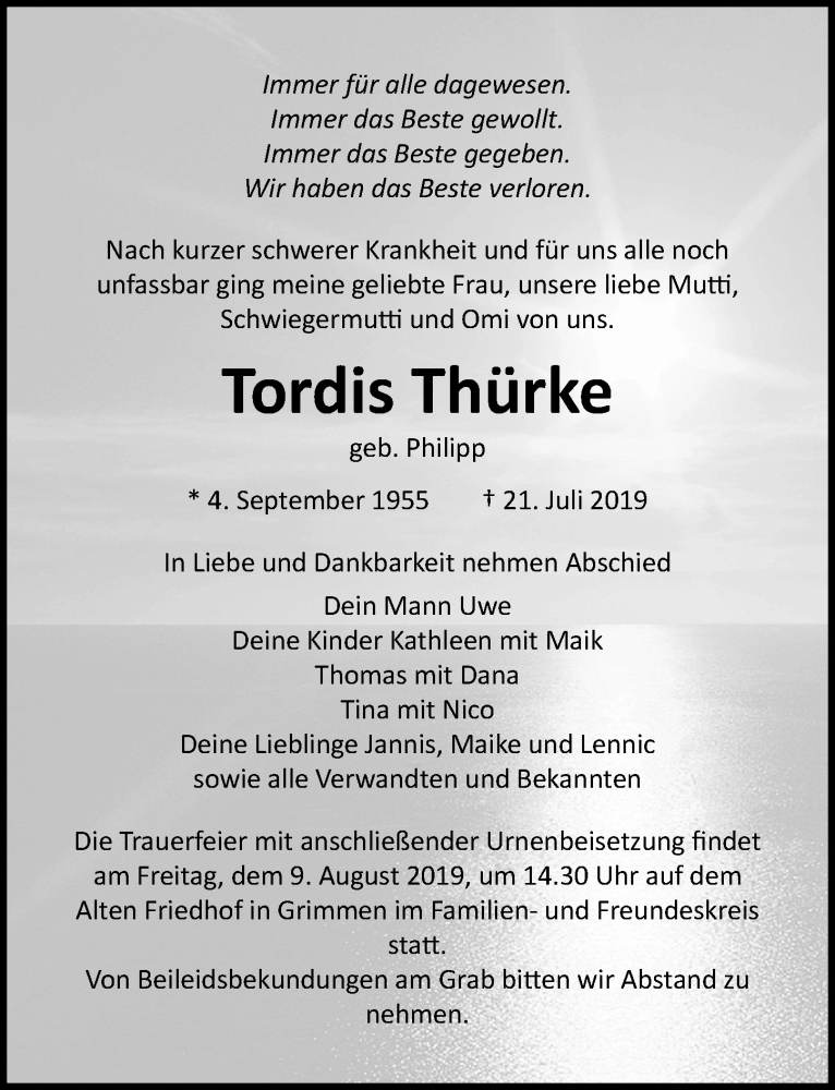  Traueranzeige für Tordis Thürke vom 27.07.2019 aus Ostsee-Zeitung GmbH