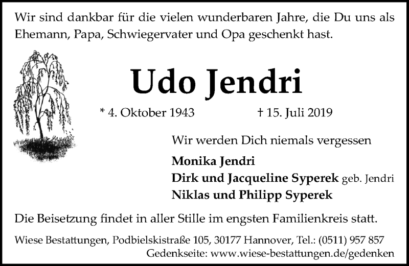  Traueranzeige für Udo Jendri vom 20.07.2019 aus Hannoversche Allgemeine Zeitung/Neue Presse