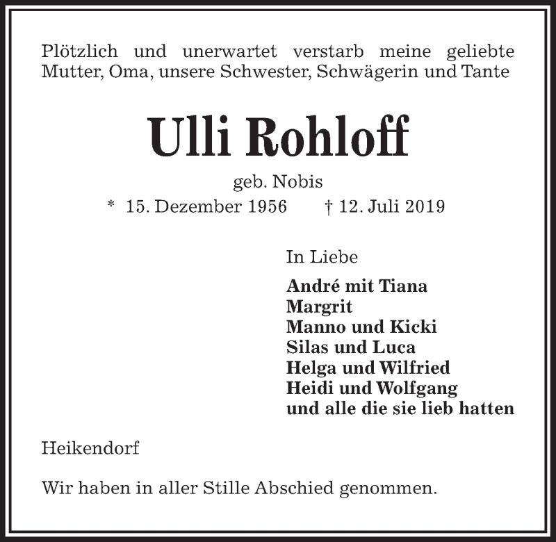  Traueranzeige für Ulli Rohloff vom 20.07.2019 aus Kieler Nachrichten