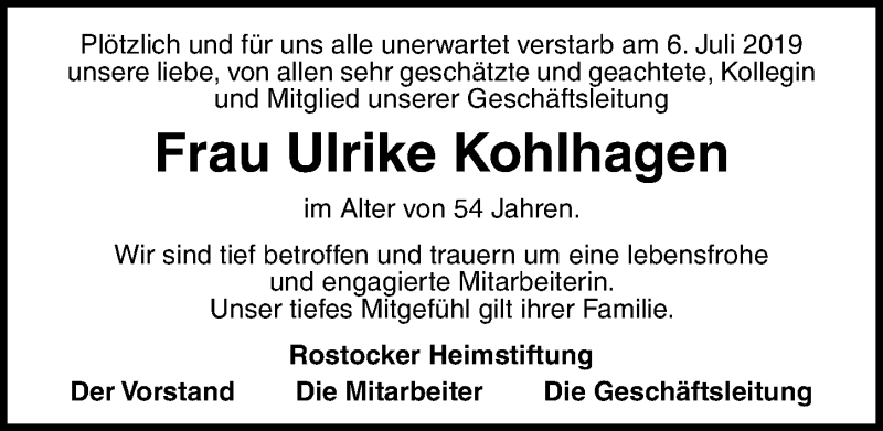  Traueranzeige für Ulrike Kohlhagen vom 20.07.2019 aus Ostsee-Zeitung GmbH