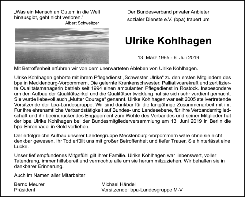  Traueranzeige für Ulrike Kohlhagen vom 13.07.2019 aus Ostsee-Zeitung GmbH