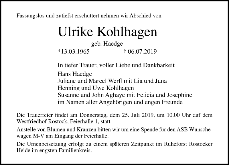  Traueranzeige für Ulrike Kohlhagen vom 13.07.2019 aus Ostsee-Zeitung GmbH