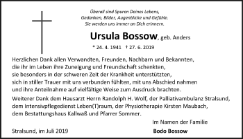 Traueranzeige von Ursula Bossow von Ostsee-Zeitung GmbH