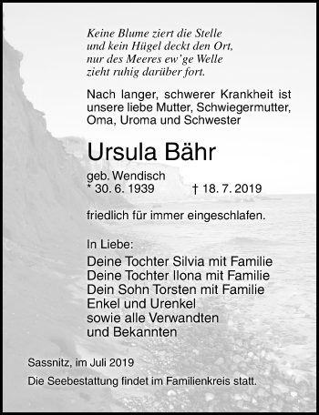Traueranzeige von Ursula Bähr von Ostsee-Zeitung GmbH