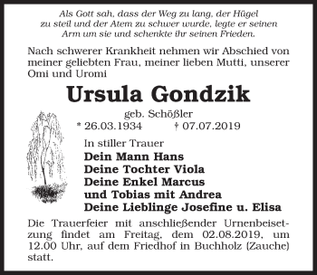 Traueranzeige von Ursula Gondzik von Märkischen Allgemeine Zeitung