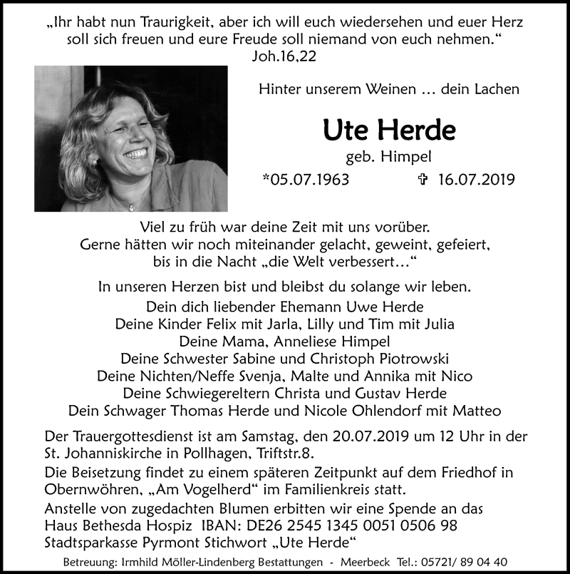  Traueranzeige für Ute Herde vom 18.07.2019 aus Schaumburger Nachrichten
