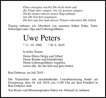 Traueranzeige von Uwe Peters von Ostsee-Zeitung GmbH