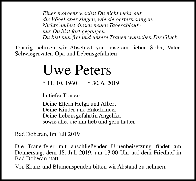  Traueranzeige für Uwe Peters vom 13.07.2019 aus Ostsee-Zeitung GmbH