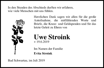 Traueranzeige von Uwe Stroink von Lübecker Nachrichten