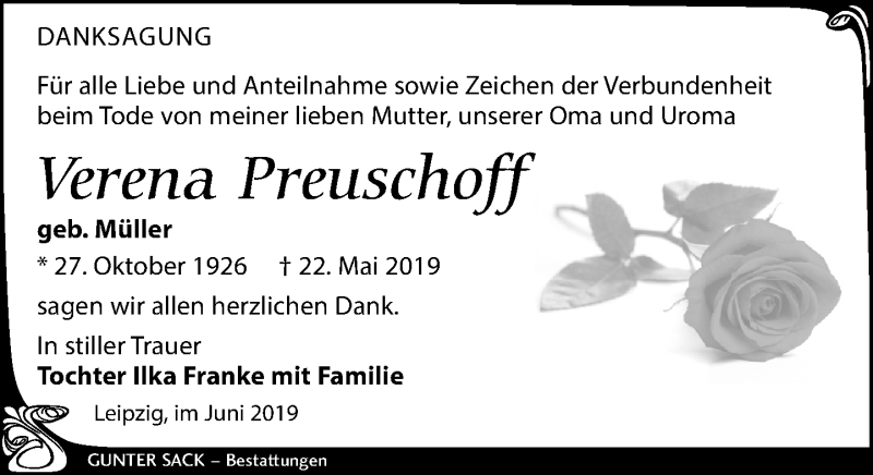  Traueranzeige für Verena Preuschoff vom 29.06.2019 aus Leipziger Volkszeitung