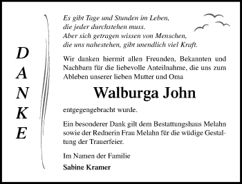 Traueranzeige von Walburga John von Ostsee-Zeitung GmbH